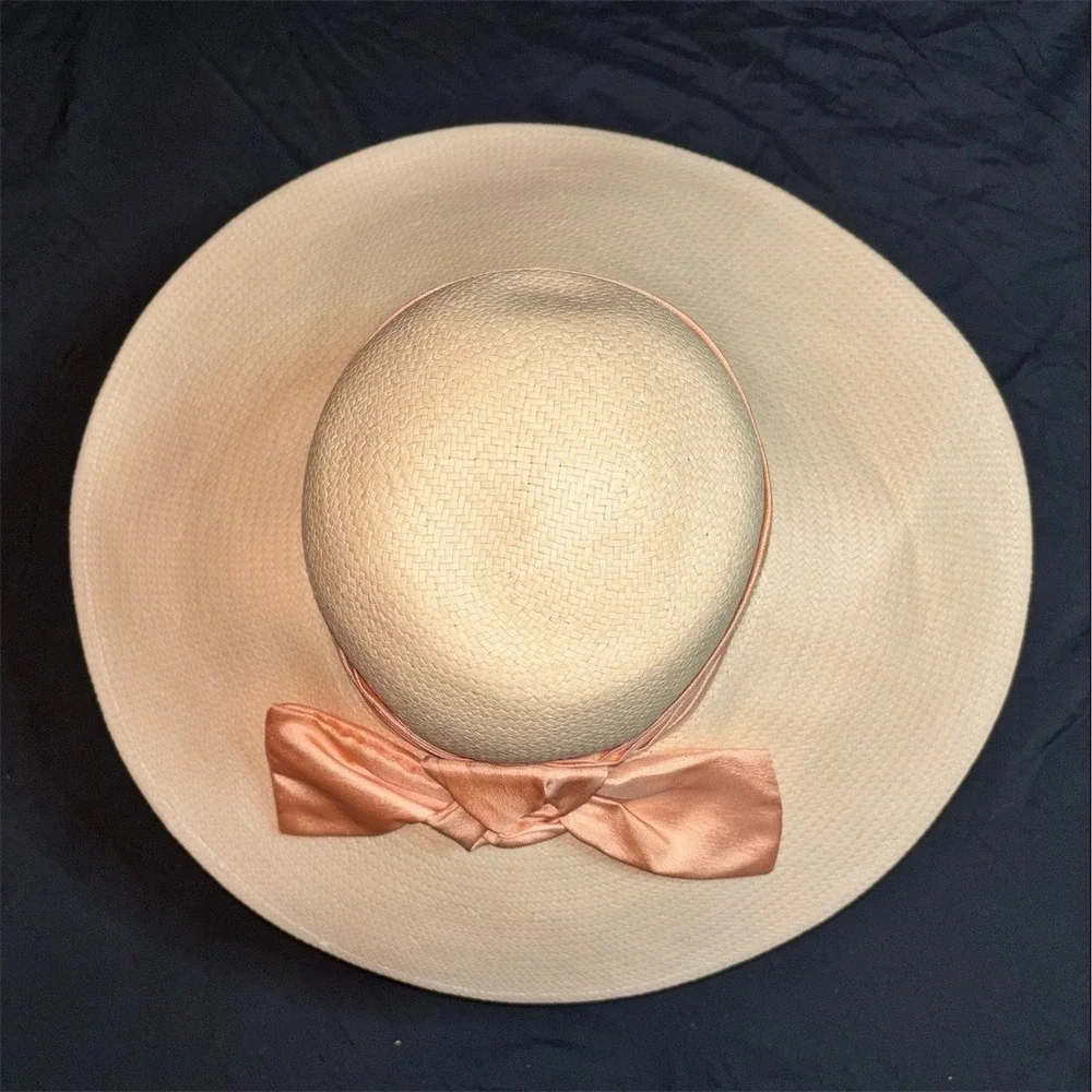Cappelli Wide Brim Sun Hat Womens OS Ivory Peach Ribbon Bow Derby straw vintage